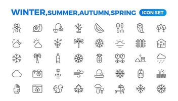 Spring, summer, autumn, and winter icon set. Weather icons. Weather forecast icon set. Clouds logo. Weather, clouds, sunny day, moon, snowflakes, wind, sun day. Outline icon collection. vector