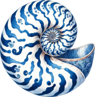 ai generado artístico nautilo cáscara diseño con azul floral motivos png