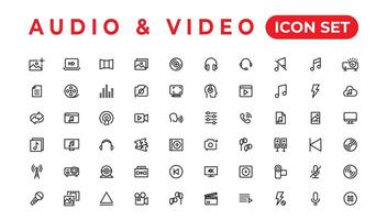 paquete de iconos de audio y video. conjunto de iconos de línea delgada. conjunto de colección de iconos planos. iconos vectoriales simples vector