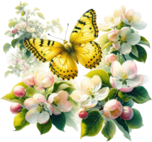 ai généré Jaune papillon avec Pomme fleurs sur une printemps journée png