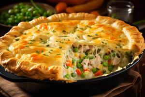 AI generated Delicious and fragrant chicken pot pie comforting dish with chicken, vegetables, and a flaky crust for the restaurant menu with space for text photo