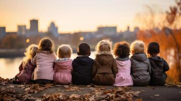 AI generated Children from diverse backgrounds hugging in the park on international justice day photo