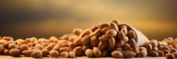 AI generated Heap of organic peanuts on defocused background with copy space for text - organic nuts banner photo