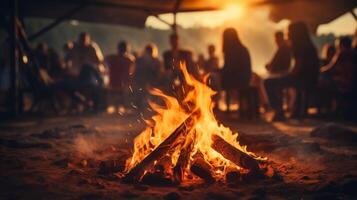 ai generado amigos y familia reunión a rugido hoguera para barbacoa, Copiar espacio en borroso antecedentes foto