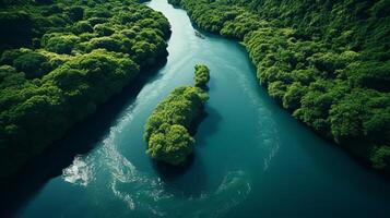 AI generated Aerial top view of lush mangrove forest shows the vital role in capturing co2 emissions photo