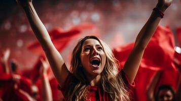 AI generated Woman cheerfully supporting her team in fan zone watching and cheering live match from the stands photo