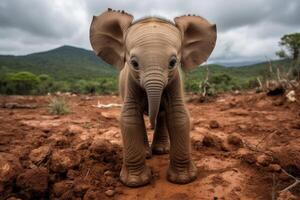 AI generated Playful young elephant calf exploring its enchanting natural habitat in the untamed wilderness photo