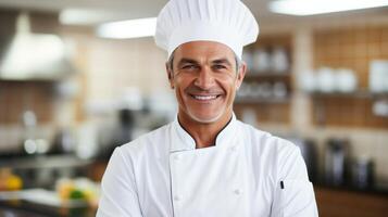 AI generated Professional chef working in a bright white kitchen with copy space on blurred background photo