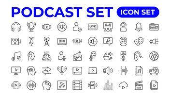 Podcast icon collection. Containing audio, microphone, record, podcasting, broadcasting.Outline icon collection. vector