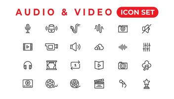 paquete de iconos de audio y video. conjunto de iconos de línea delgada. conjunto de colección de iconos planos. iconos vectoriales simples vector