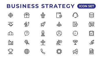 Business strategy set of web icons in line style. Business solutions icons for web and mobile app. Action List, research, solution, team, marketing, startup, advertising, business process vector