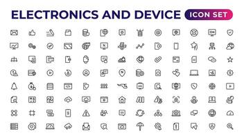 Electronics and device lines icon set. Electronic devices and gadgets, computer, equipment and electronics. Computer monitor, smartphone, tablet and laptop sumbol collection. vector