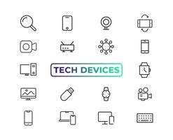 Device and technology line icon set. Electronic devices and gadgets, computer, equipment and electronics. Computer monitor, smartphone, tablet and laptop sumbol collection - stock ... vector