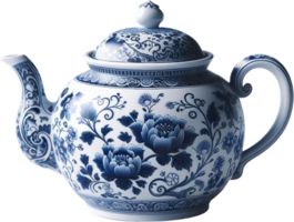 AI generated Ornate Blue and White Porcelain Teapot png
