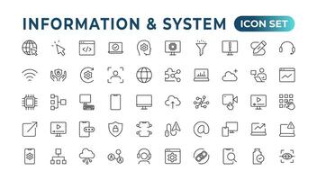 Global Connection, Cloud Data Technology Services, Information Line Icons. Programming coding set of web icons. Software development for and mobile app. Code,  information technology, coder more. vector