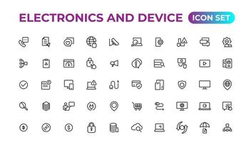 electrónica y dispositivo líneas icono colocar. electrónico dispositivos y artilugio, computadora, equipo y electrónica. computadora monitor, teléfono inteligente, tableta y ordenador portátil sumbol recopilación. vector