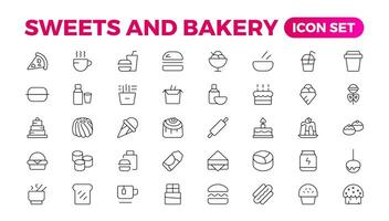 Sweets and Bakery icon set. Food icon collection. Containing meal, restaurant, dishes, and fruit icons. Set of outline icons related to food and drink. Linear icon collection. Outline icon collection. vector