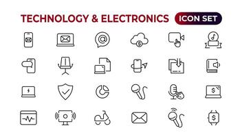 tecnología y electrónica y dispositivos web íconos en línea estilo. dispositivo, teléfono, computadora portátil, comunicación, teléfono inteligente, comercio electrónico vector ilustración.