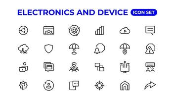 electrónica y dispositivo líneas icono colocar. electrónico dispositivos y artilugio, computadora, equipo y electrónica. computadora monitor, teléfono inteligente, tableta y ordenador portátil sumbol recopilación. vector