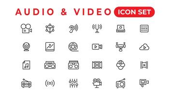 paquete de iconos de audio y video. conjunto de iconos de línea delgada. conjunto de colección de iconos planos. iconos vectoriales simples vector