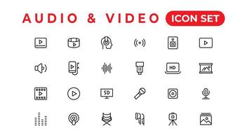 paquete de iconos de audio y video. conjunto de iconos de línea delgada. conjunto de colección de iconos planos. iconos vectoriales simples vector