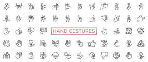 Hand gestures line icon set. Included icons as fingers interaction, pinky swear, forefinger point, greeting, pinch, hand washing and more. vector