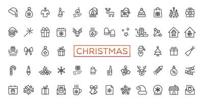 Christmas line icon collection. Holiday symbol. Outline Xmas icons set. Santa claus, gift, angel, box, bow, bell, christmas tree, fireworks, snow, snowman, bag and more vector