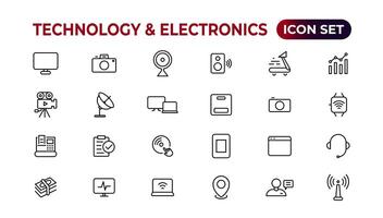 tecnología y electrónica y dispositivos web íconos en línea estilo. dispositivo, teléfono, computadora portátil, comunicación, teléfono inteligente, comercio electrónico vector ilustración.