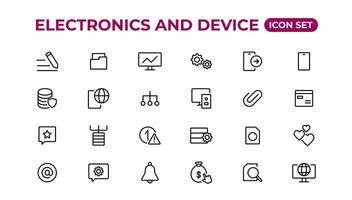 electrónica y dispositivo líneas icono colocar. electrónico dispositivos y artilugio, computadora, equipo y electrónica. computadora monitor, teléfono inteligente, tableta y ordenador portátil sumbol recopilación. vector