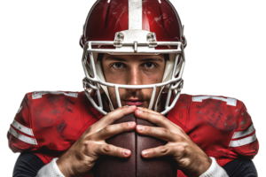 ai gegenereerd een Amerikaans voetbal speler in een rood uniform Holding een bal png