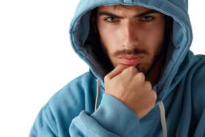 AI generated a man in a blue hoodie with his hand on his chin png