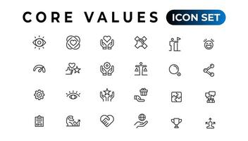 Core value icon banner collection. Containing innovation, goals, responsibility, integrity, customers, commitment, quality, teamwork, reliability and inclusion. Vector solid collection of icons