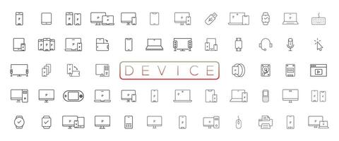 dispositivo y tecnología línea icono colocar. electrónico dispositivos y artilugio, computadora, equipo y electrónica. computadora monitor, teléfono inteligente, tableta y ordenador portátil sumbol colección vector