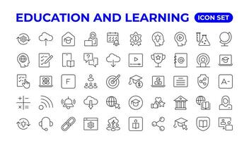 Education line icon collection.Contains knowledge, college, task list, design, training, idea, teacher, file, graduation hat, institute, ruler, and telescope. vector