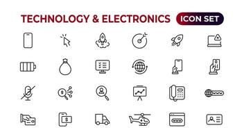 Technology and Electronics and Devices web icons in line style. Device, phone, laptop, communication, smartphone, ecommerce. Vector illustration.