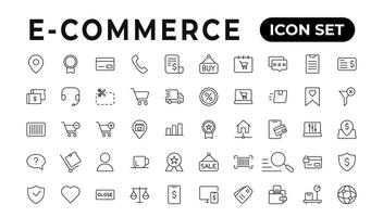 E-Commerce set of web icons in line style. Online shopping icons for web and mobile app. Business, mobile shop, digital marketing, bank card, gifts, sale, delivery. Vector illustration