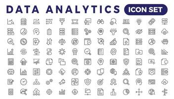 datos analítica web íconos conjunto en Delgado línea diseño. paquete de base de datos, grande datos proceso, ai, supervisión, tráfico, hospedaje servicio, mejoramiento, respaldo, gráfico y otro. vector contorno carrera icono diseño