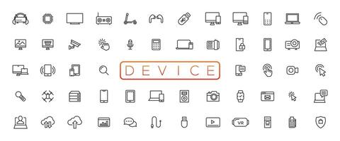 Device and technology line icon set. Electronic devices and gadgets, computer, equipment and electronics. Computer monitor, smartphone, tablet and laptop sumbol collection vector