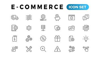 E-commerce icon set. Online shopping and delivery elements. E-business symbol. Icons vector collection.