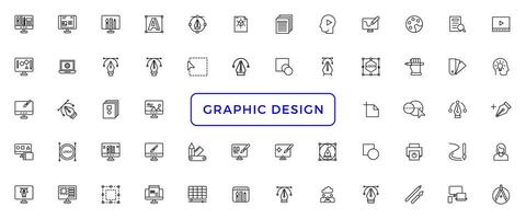 Set of thin line icons of graphic design. Simple linear icons in a modern style flat, Creative Process. Graphic design, creative package, stationary, software vector