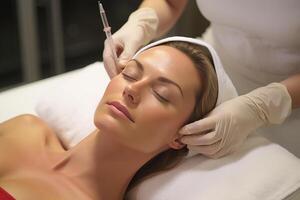 AI generated Beauty enhancement. woman getting expert botox procedure for youthful skin at exclusive spa photo
