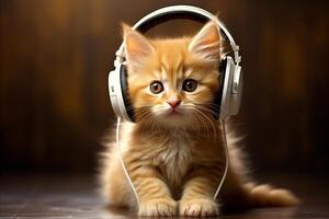 AI generated Adorable tabby ginger dj kitten cat wearing headphones and listening to music with copy space photo