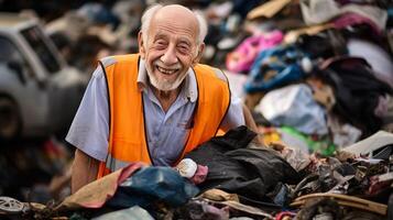 AI generated Senior junk yard employee inspecting scrap metals with copy space in industrial junkyard setting photo