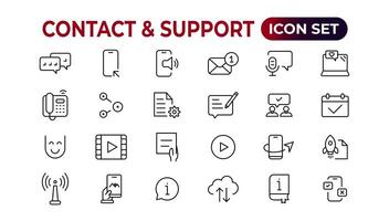 Contact and support web icons in line style. Web and mobile icon. Chat, support, message, phone. Vector illustration.