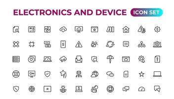 Electronics and device lines icon set. Electronic devices and gadgets, computer, equipment and electronics. Computer monitor, smartphone, tablet and laptop sumbol collection. vector