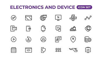 electrónica y dispositivo líneas icono colocar. electrónico dispositivos y artilugio, computadora, equipo y electrónica. computadora monitor, teléfono inteligente, tableta y ordenador portátil sumbol recopilación. vector