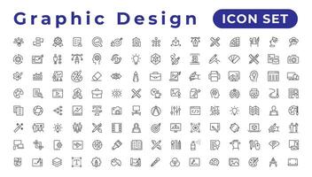 Set of thin line icons of graphic design. Simple linear icons in a modern style flat, Creative Process. Graphic design, creative package, stationary, software and more vector