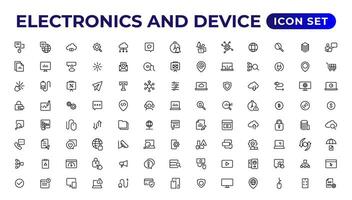 electrónica y dispositivo líneas icono colocar. electrónico dispositivos y artilugio, computadora, equipo y electrónica. computadora monitor, teléfono inteligente, tableta y ordenador portátil sumbol recopilación. vector