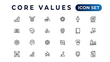 Core value icon banner collection. Containing innovation, goals, responsibility, integrity, customers, commitment, quality, teamwork, reliability and inclusion. Vector solid collection of icons