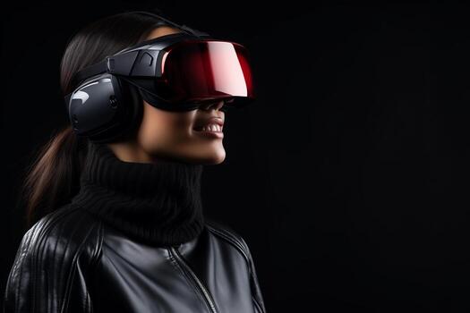 AI generated Young woman wearing virtual reality glasses with blank space for copy, high-tech concept design photo
